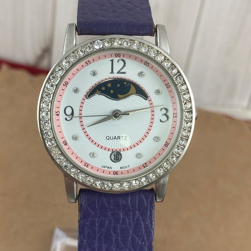 Vintage Moon Phase Watch Crystals Pink White Purple Leather 9 inch Strap